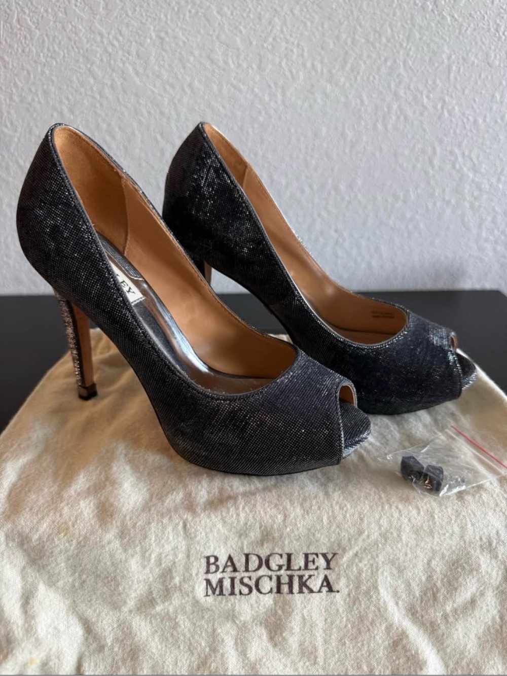 Badgley Mischka Black Sparkle Peep-Toe Stilettos